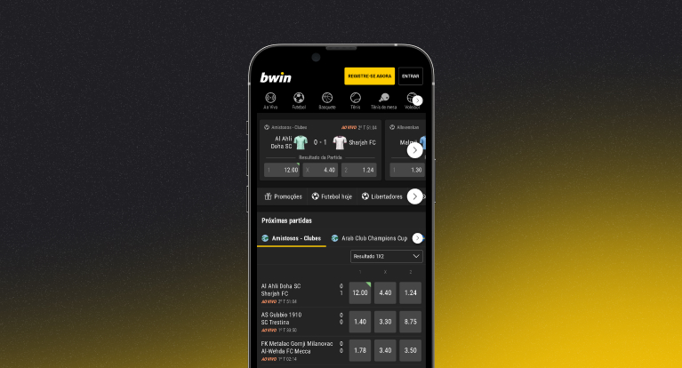 imagem mostra smartphone centralizado aberto na página principal da versão mobile da Bwin