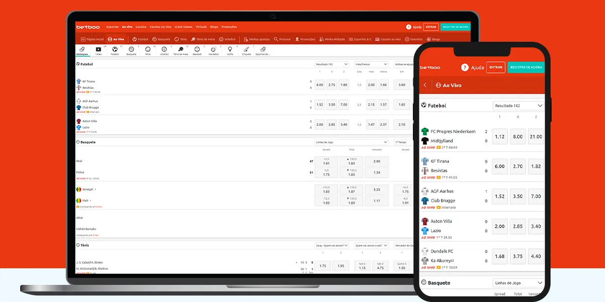 imagem mostra notebook e smartphone abertos na página de transmissão ao vivo da Betboo