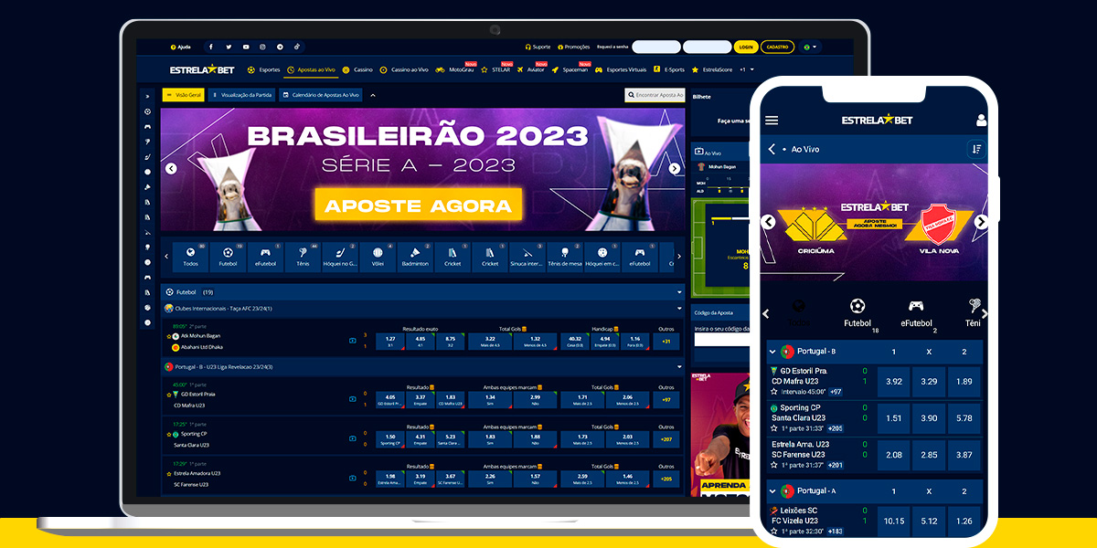 imagem mostra smartphone e notebook abertos na página de eventos ao vivo da Estrela Bet