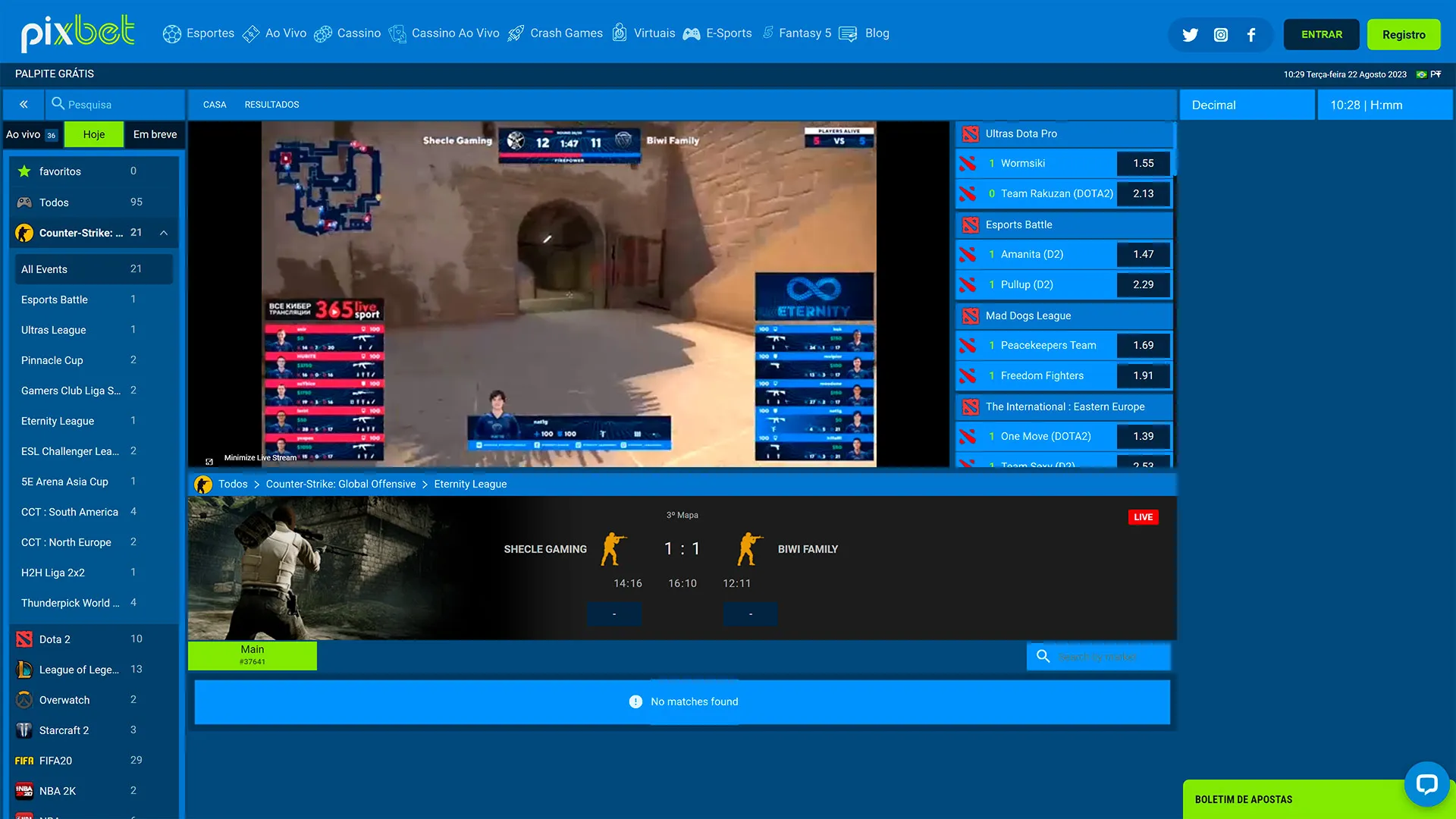 screenshot mostra transmissão na página da Pixbet de uma partida de CS:GO