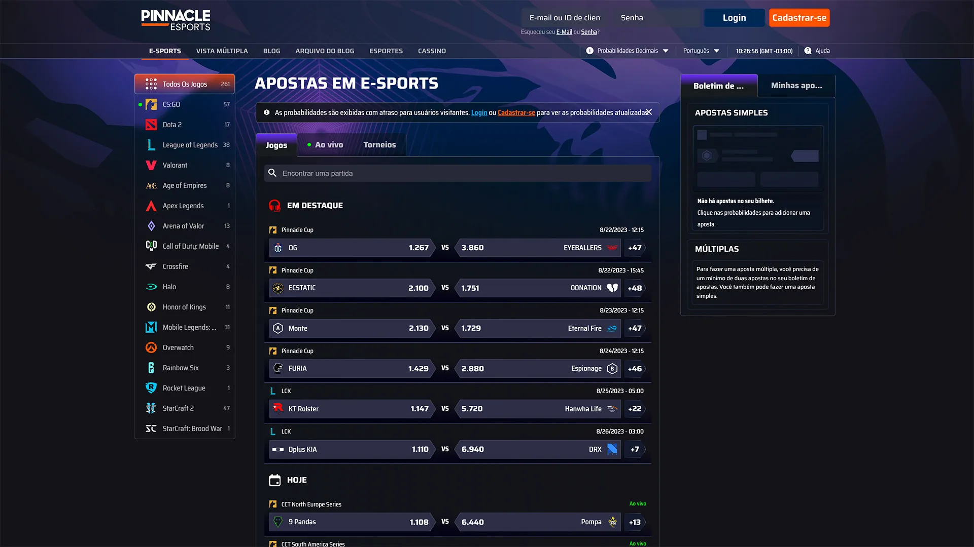 screenshot da página de mercados de apostas em CS:GO da Pinnacle Esports