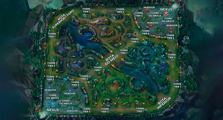 imagem mostra o mapa Summoner`s Rift do LoL