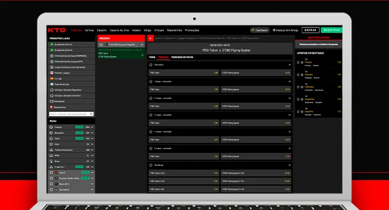 imagem mostra notebook aberto na página de mercados de apostas em LoL na KTO