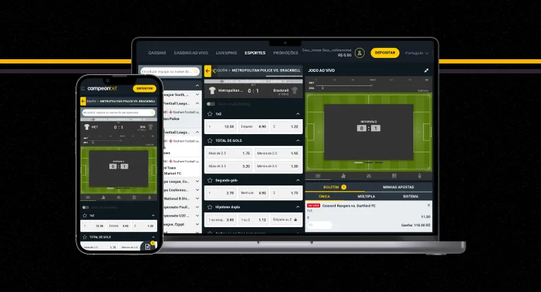 imagem mostra notebook e smartphone abertos na página de transmissão ao vivo da Campeónbet