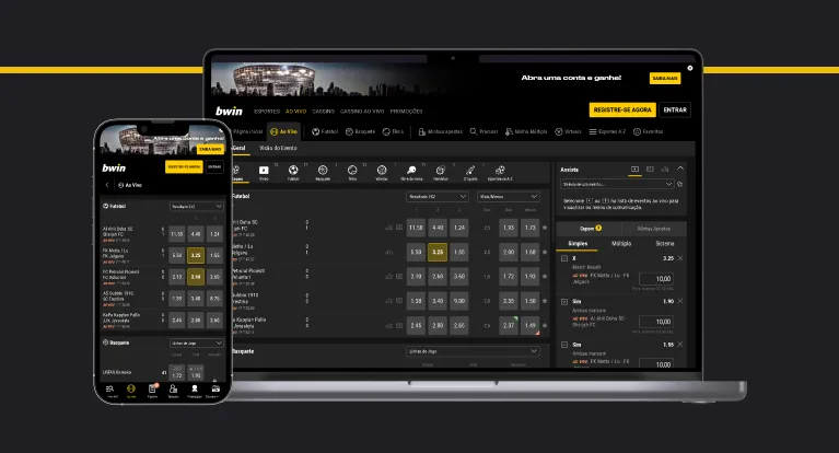 imagem mostra notebook e smartphone abertos na página de transmissão ao vivo da Bwin