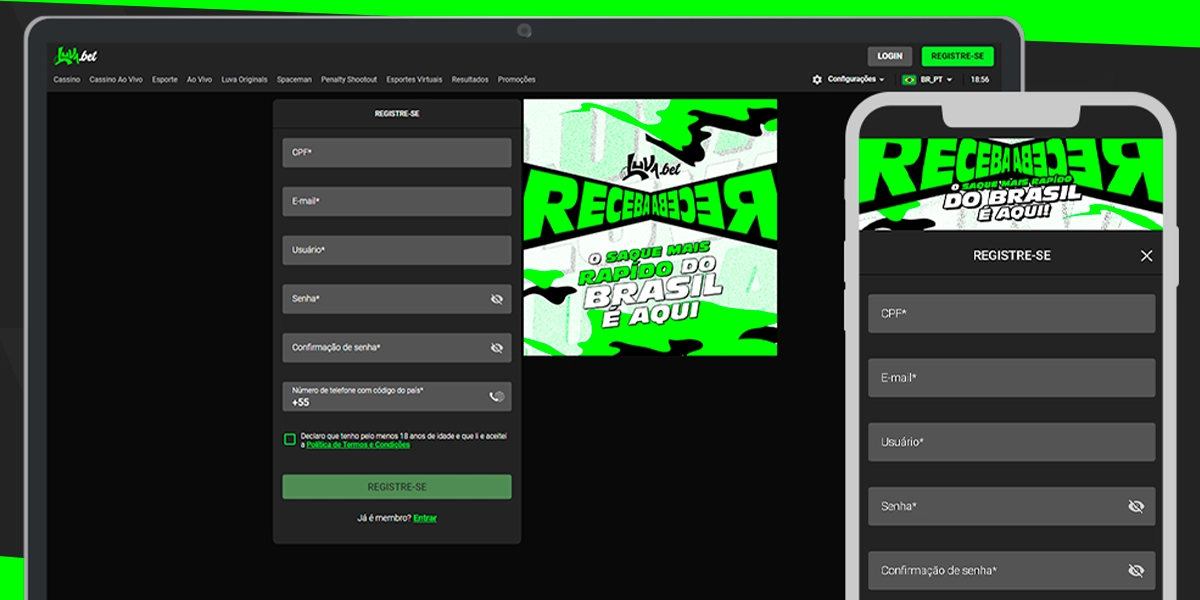 Imagem mostra notebook e smartphone abertos na página de cadastro da Luvabet