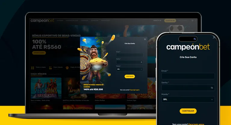 Imagem mostra notebook e smartphone abertos na página de cadastro da Campeónbet