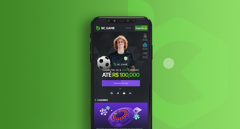 imagem com smartphone centralizado em um fundo verde mostrando a página inicial da BC Game