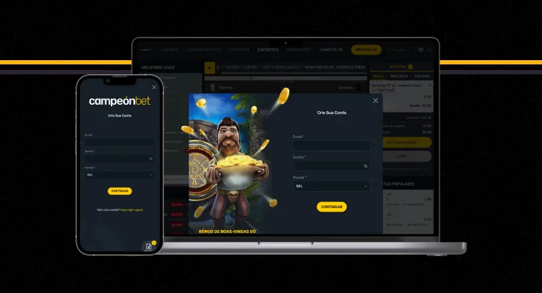 imagem mostra notebook e smartphone abertos na página de registro da Campeónbet