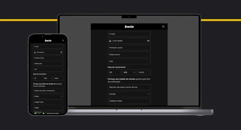 imagem mostra notebook e smartphone abertos na página de registro da Bwin