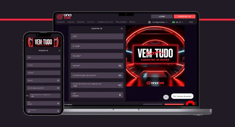 imagem mostra smartphone e notebook abertos na página de registro da Onabet
