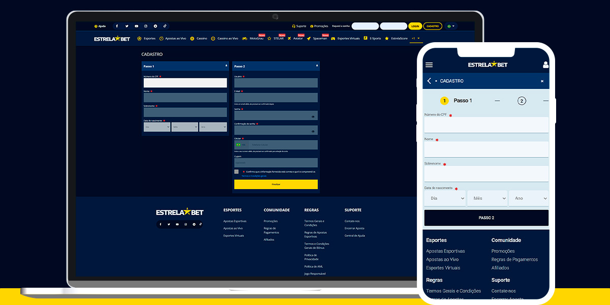 imagem mostra smartphone e notebook abertos na página de registro da Estrela Bet