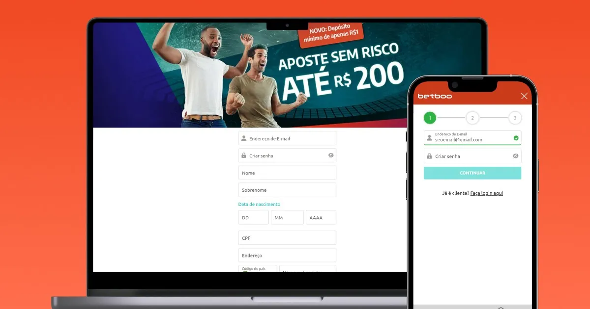 Imagem mostra notebook e smartphone abertos na página de registro da Betboo