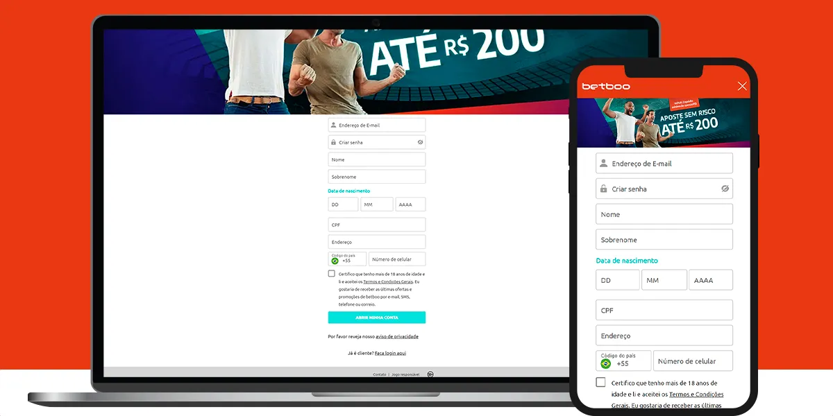 imagem mostra notebook e smartphone abertos na página de registro da Betboo
