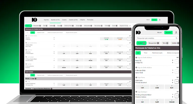 Imagem mostra smartphone e notebook abertos na página de eventos ao vivo da 10bet