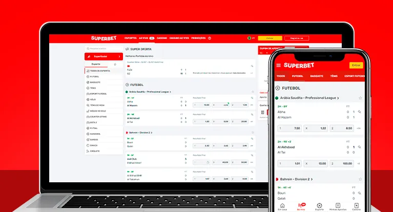 Imagem mostra notebook e smartphone abertos na página de eventos ao vivo da Superbet