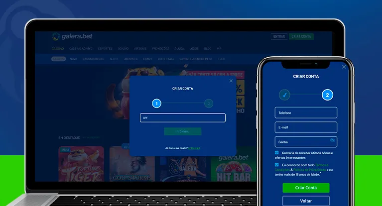 Imagem mostra smartphone e notebook abertos na página de cadastro da Galera Bet