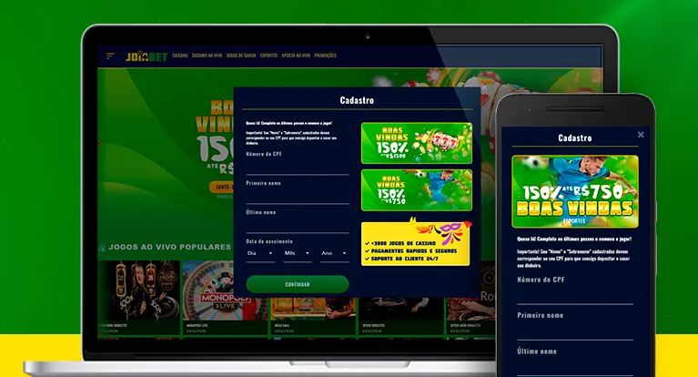 Imagem mostra notebook e smartphone abertos na página de cadastro do Joiabet