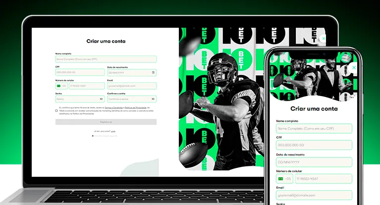Imagem mostra smartphone e notebook abertos na página de cadastro da 10bet