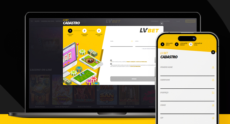Imagem mostra notebook e smartphone abertos na página de cadastro da LVBet