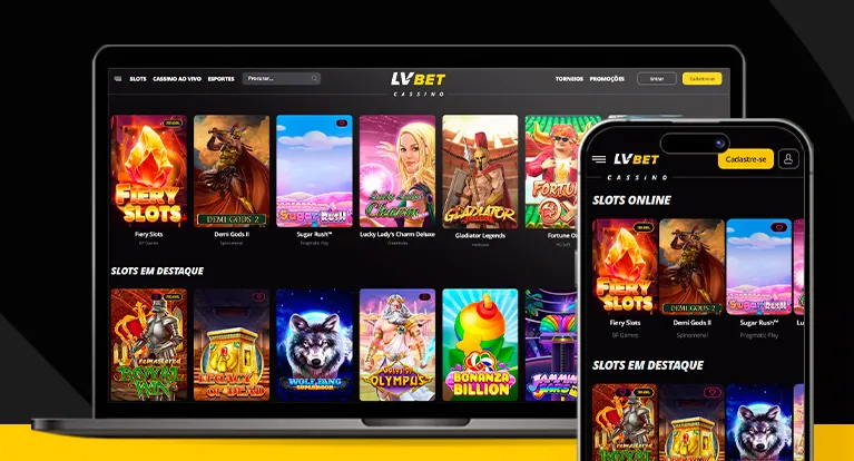 Imagem mostra notebook e smartphone abertos na página de cassino da LVBet