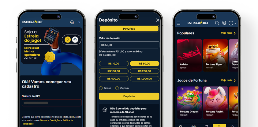 Imagem mostra smartphones abertos na página de cadastro no cassino da Estrela Bet