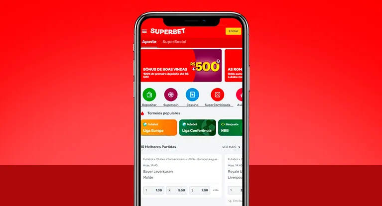 Imagem mostra smartphone aberto na página de eventos ao vivo da Superbet