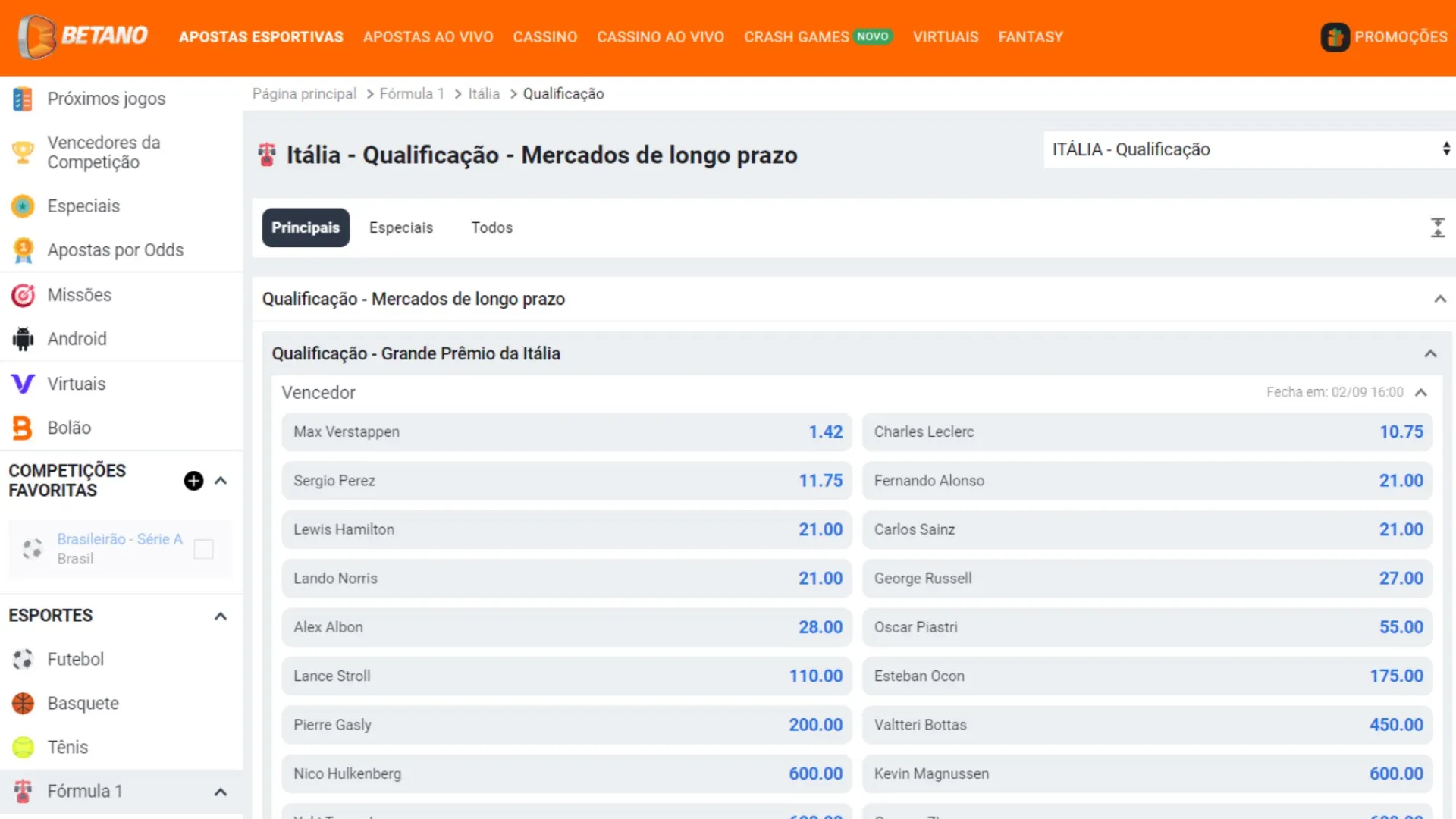 Screenshot mercados de qualificação f1