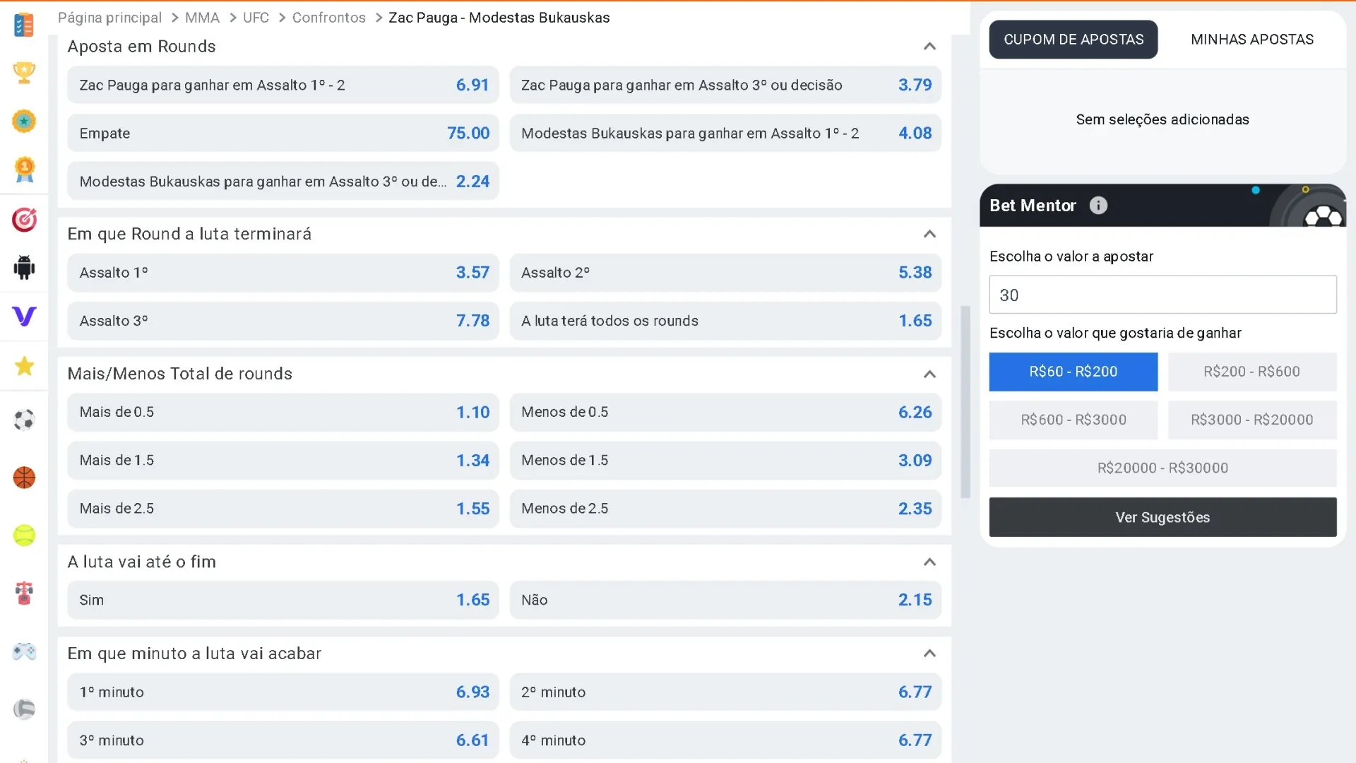 Screenshot mostra tabela de odds decimais