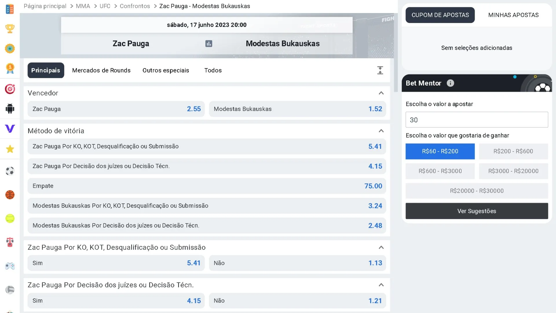 Screenshot mostra tabela de odds fracionárias